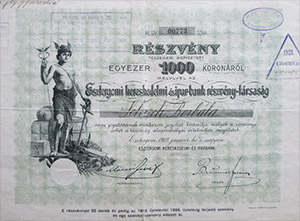 Esztergomi Kereskedelmi és Iparbank Részvénytársaság részvény  1000 korona 1912