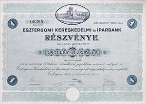 Esztergomi Kereskedelmi és Iparbank Részvénytársaság részvény 25 pengő 1932