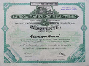Esztergomi Takarékpénztár Részvénytársaság részvény 700 pengő 1927