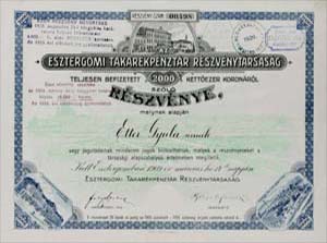 Esztergomi Takarékpénztár Részvénytársaság részvény 2000 korona 1909