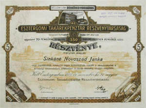 Esztergomi Takarékpénztár Részvénytársaság részvény 350 pengő 1927