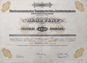 Felsőmagyarországi Takarékpénztár és Leszámítoló Bank Részvénytársaság részvény 400 korona 1922 Miskolcz