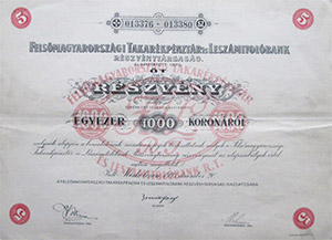 Felsőmagyarországi Takarékpénztár és Leszámítoló Bank Részvénytársaság részvény 5x200 1000 korona 1923 Miskolcz