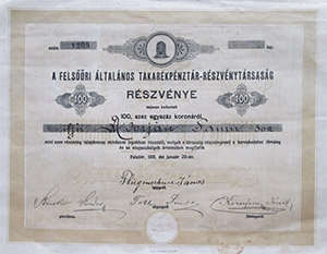 Felsőőri Általános Takarékpénztár Részvénytársaság részvény 100 korona 1918