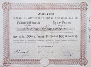 Ferencz- és Józsefvárosi Takarékpénztár Részvénytársaság részvény 100 forint 1872