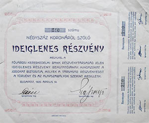 Fővárosi Kereskedelmi Bank Részvénytársaság ideiglenes részvény 400 korona 1920