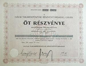 Gávai Takarékpénztár Részvénytársaság részvény 5x50 250 pengő 1941 Gáva