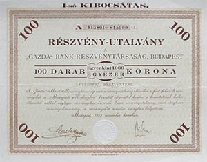 Gazdabank Részvénytársaság Budapest részvény utalvány 100x1000 100000 korona 1923