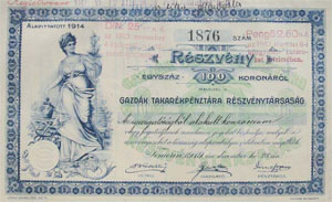 Gazdák Takarékpénztára Részvénytársaság részvény 100 korona 1919
