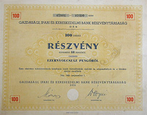 Gazdasági, Ipari és Kereskedelmi Bank Részvénytársaság  részvény 100x18 1800 pengő 1942 Dés