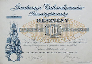 Gazdasági Takarékpénztár Részvénytársaság Debrecen részvény 100 korona 1912