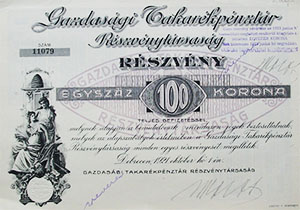 Gazdasági Takarékpénztár Részvénytársaság Debrecen részvény 100 korona 1921