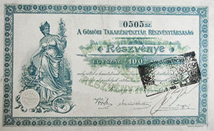 Gömöri Takarékpénztár Részvénytársaság részvény 100 korona 1903 Rozsnyó