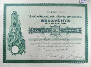 Gömörmegyei Nép- és Iparbank Részvénytársaság részvény 200 korona 1909 Rimaszombat