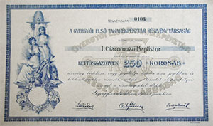Gyergyói Első Takarékpénztár Részvénytársaság részvény 250 korona 1910 Gyergyószentmiklós