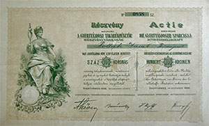 Gyertyámosi Takarékpénztár Részvénytársaság részvény 100 korona 1896 Gyertyámos