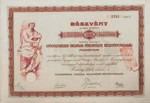 Gyógyszerészek Országos Pénzintézete Részvénytársaság Pozsony részvény 100 korona 1913