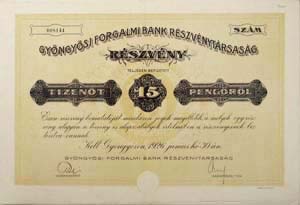 Gyöngyösi Forgalmi Bank Részvénytársaság részvény 15 pengő 1926