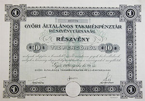 Győri Általános Takarékpénztár Részvénytársaság részvény 10 pengo 1926 Győr
