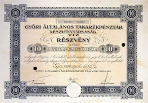 Győri Általános Takarékpénztár Részvénytársaság részvény 100 pengo 1926 Győr