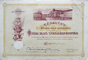 Győri Első Takarékpénztár részvény 20 pengő 1926 Győr
