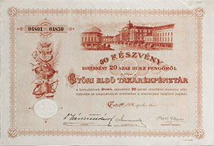 Győri Első Takarékpénztár részvény 50x20 pengő 1926 Győr