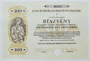 Gyulai Népbank Részvénytársaság részvény  10x20 200 pengő 1929 Gyula MINTA