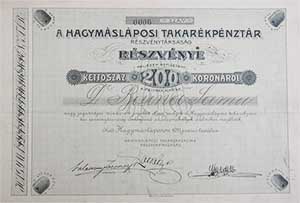 Hagymásláposi Takarékpénztár Részvénytársaság részvény 200 korona 1911