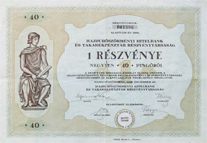 Hajdúböszörményi Hitelbank és Takarékpénztár Részvénytársaság részvény 40 pengő 1925