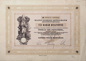 Hajdudorogi Hitelbank Részvénytársaság részvény 10x50 500 pengő 1927