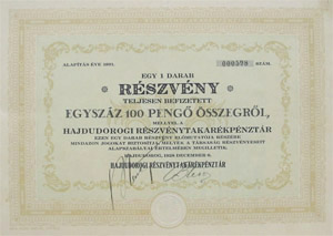 Hajdudorogi Részvénytakarékpénztár részvény 100 pengő 1928