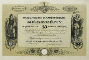Hajdumegyei Takarékpénztár részvény 15 pengő 1926 Hajdúszoboszló