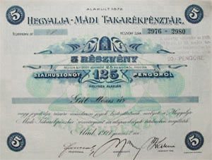 Hegyalja-Mádi Takarékpénztár részvény 5x25 pengő 1927 Mád