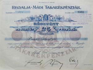 Hegyalja-Mádi Takarékpénztár részvény 25 pengő 1926 Mád