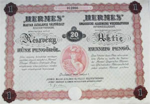 Hermes Magyar Általános Váltóüzlet Részvénytársaság részvény 20 pengő 1926