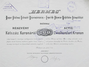 Hermes Magyar Általános Váltóüzlet Részvénytársaság  részvény 200 korona 1911