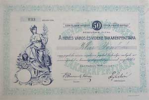 Heves Város és Vidéke Takarékpénztára részvény 50 pengő 1926