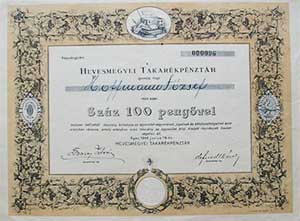 Hevesmegyei Takarékpénztár részvény 100 pengő 1942 Eger 