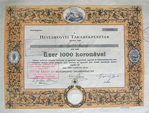 Hevesmegyei Takarékpénztár részvény 1000 korona 1923 Eger