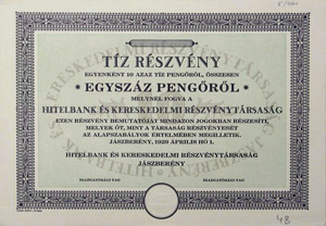 Hitelbank és Kereskedelmi Részvénytársaság részvény 10x10 100 pengő 1929 Jászberény