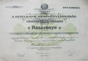 Hitelbank Részvénytársaság részvény 200 korona 1921 Marcali)