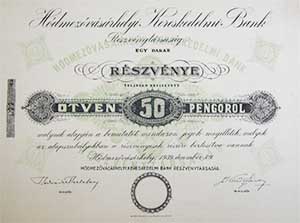 Hódmezővásárhelyi Kereskedelmi Bank Részvénytársaság részvény 50 pengő 1939