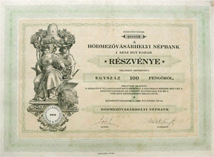 Hódmezővásárhelyi Népbank részvény 100 pengő 1929