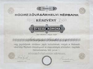 Hódmezővásárhelyi Népbank Részvénytársaság részvény 500 korona 1923