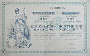 Hontmegyei Népbank Részvénytársaság részvény 400 csehszlovák korona 1935 Ipolyság