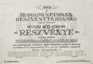 Horgosi Népbank Részvénytársaság részvény 400 korona 1923 MINTA