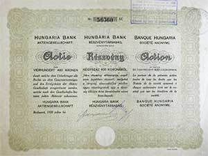 Hungária Bank Részvénytársaság részvény 400 korona 1920