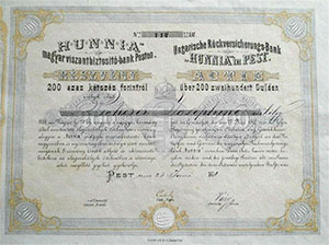 Hunnia Magyar Viszontbiztosító Bank Pesten  részvény 200 forint 1870