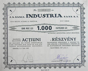 Industria Bank Részvénytársaság részvény 1000 lei 1927 Nagyvárad 