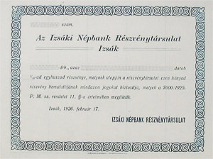 Izsáki Népbank Részvénytársulat részvény 1/20 1926